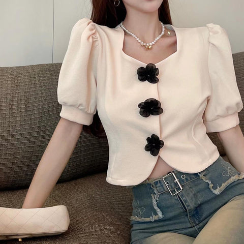 Puff Sleeve Flowers Button Office Blouse Shirt