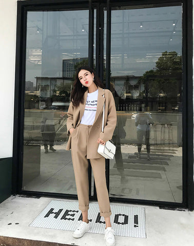 Casual Solid Blazer Coat and Pants Set