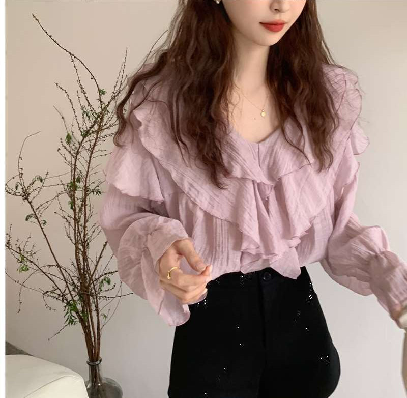 Elegantes Chiffon-Bluse-Shirt mit langen Ärmeln und Rüschen 