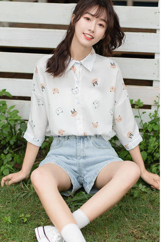 Cat Cartoon Printed Half Sleeve Length Loose Shirt