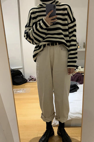 Retro Striped Loose Turtleneck Sweater