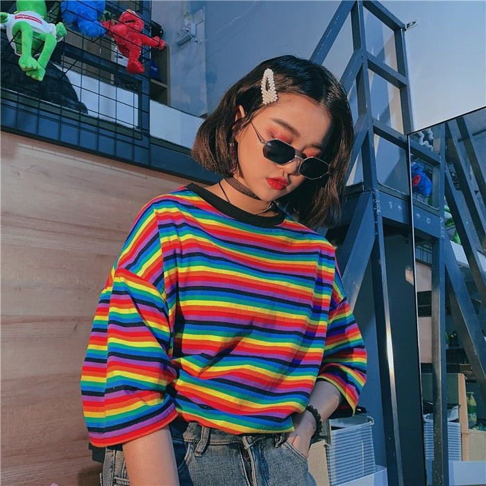 Casual Rainbow Striped Loose O Neck Shirt