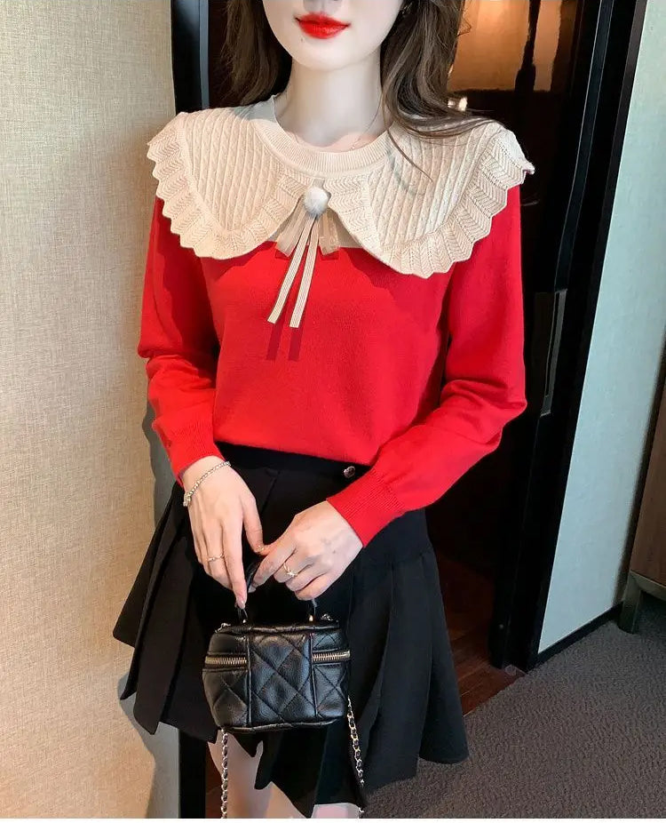 Bow Spliced Peter Pan Collar Slim Sweater