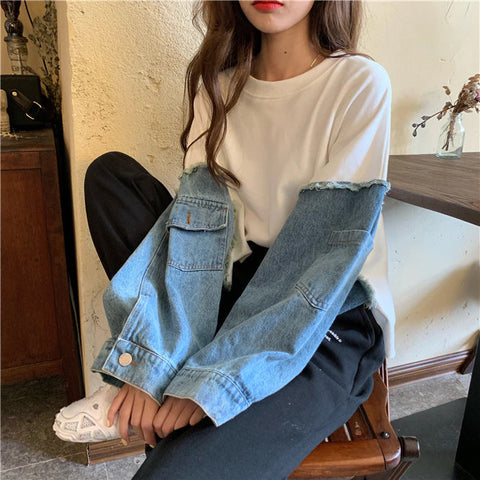 Denim Stitching Round Neck Vintage Sweatshirt