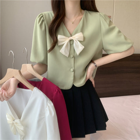 V-Neck Sweet Bow Kawaii Shirt