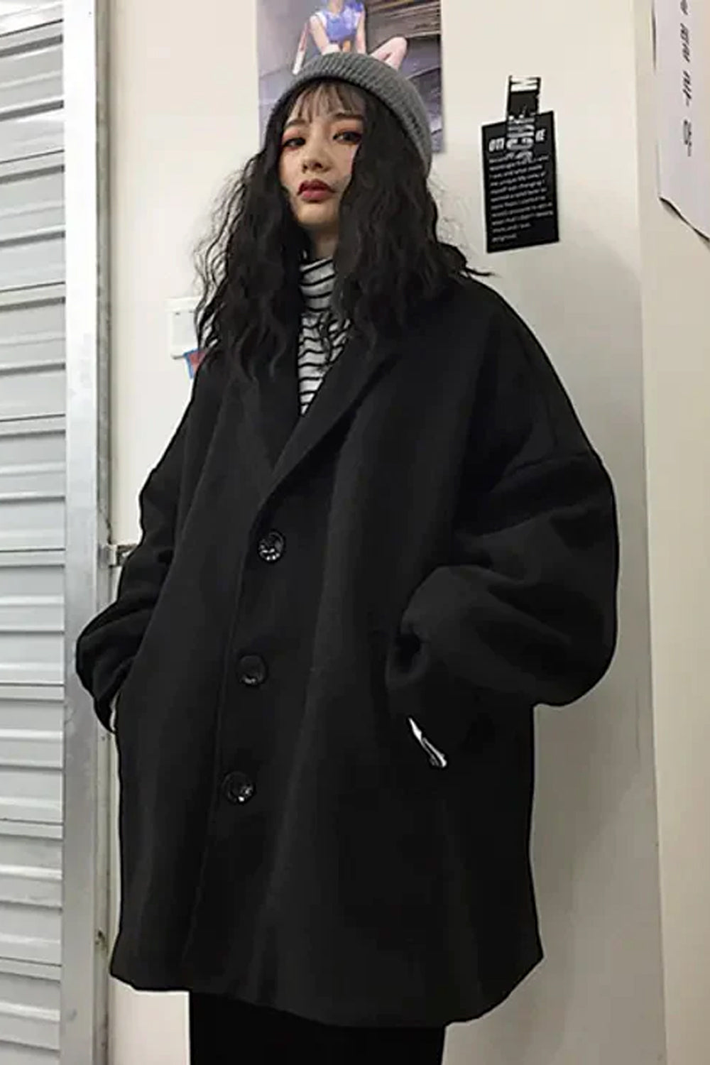 Loose Solid Casual Black Blend Coat