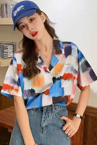 Colorful Painted Short Sleeve Blouse Shirt