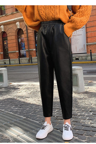 Elastic Waist Black Leather Pencil Pants