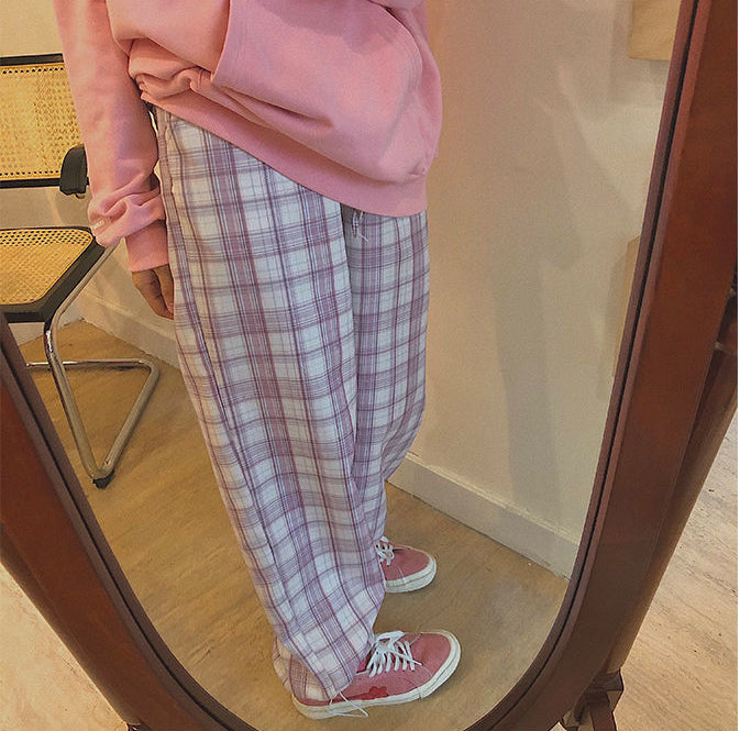 High Waist Pink Plaid Joggers Sweatpants