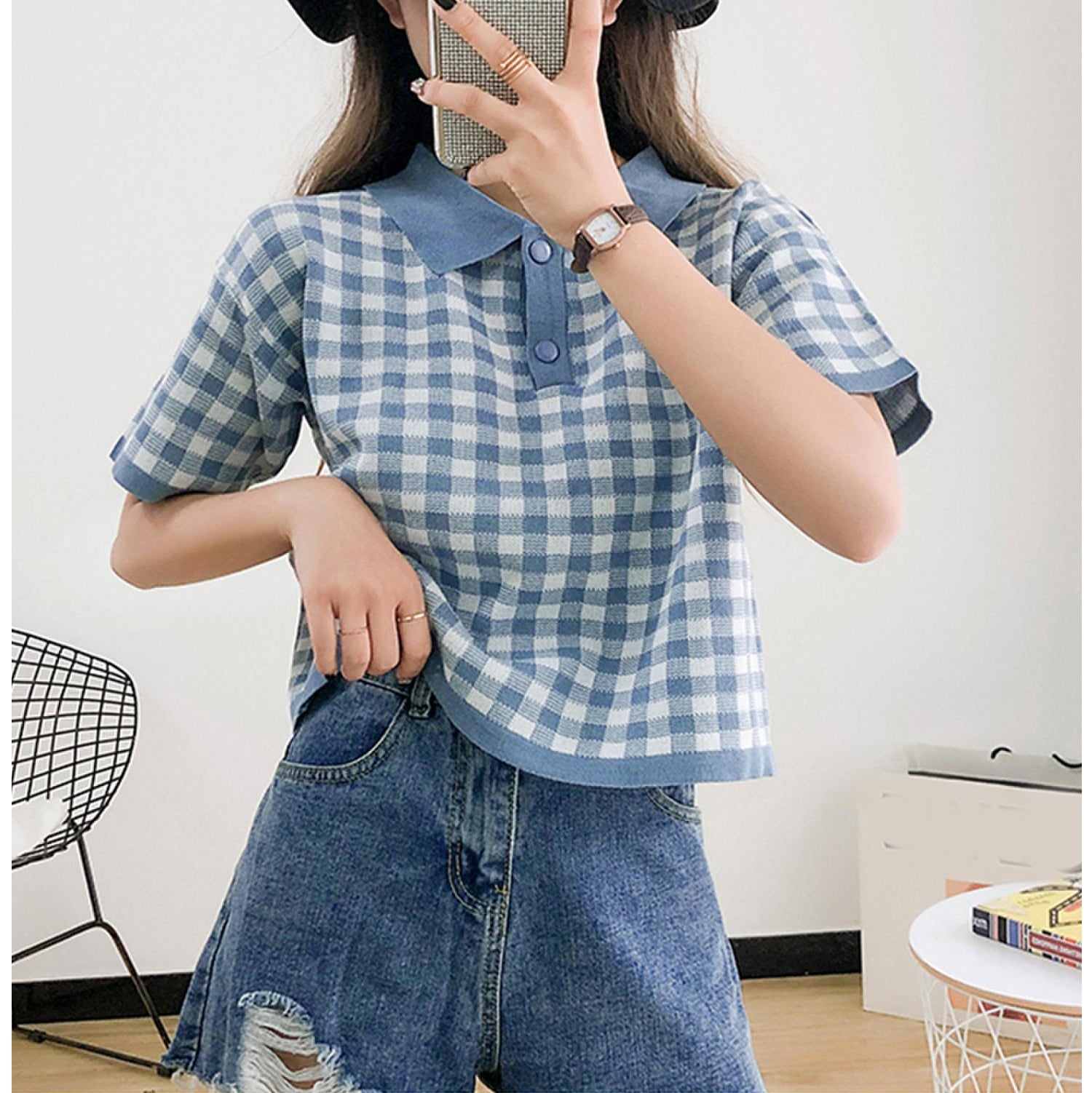 Turn Down Collar Plaid Knitted Shirt