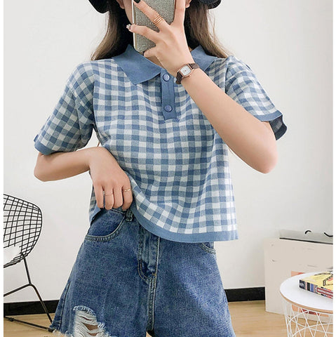 Turn Down Collar Plaid Knitted Shirt