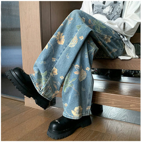 High Waist Loose Flowers Pattern Men Jeans Pants