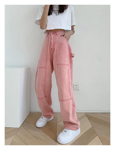 High Waist Loose Pink Jeans Pants