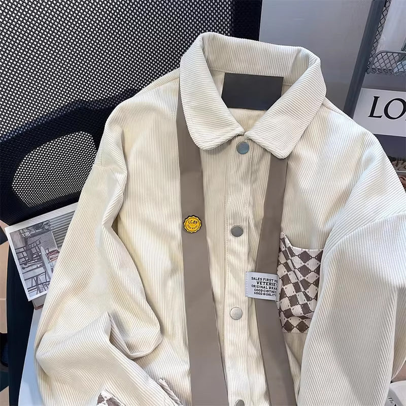 Long Sleeve Argyle Pattern Tie Corduroy Shirts
