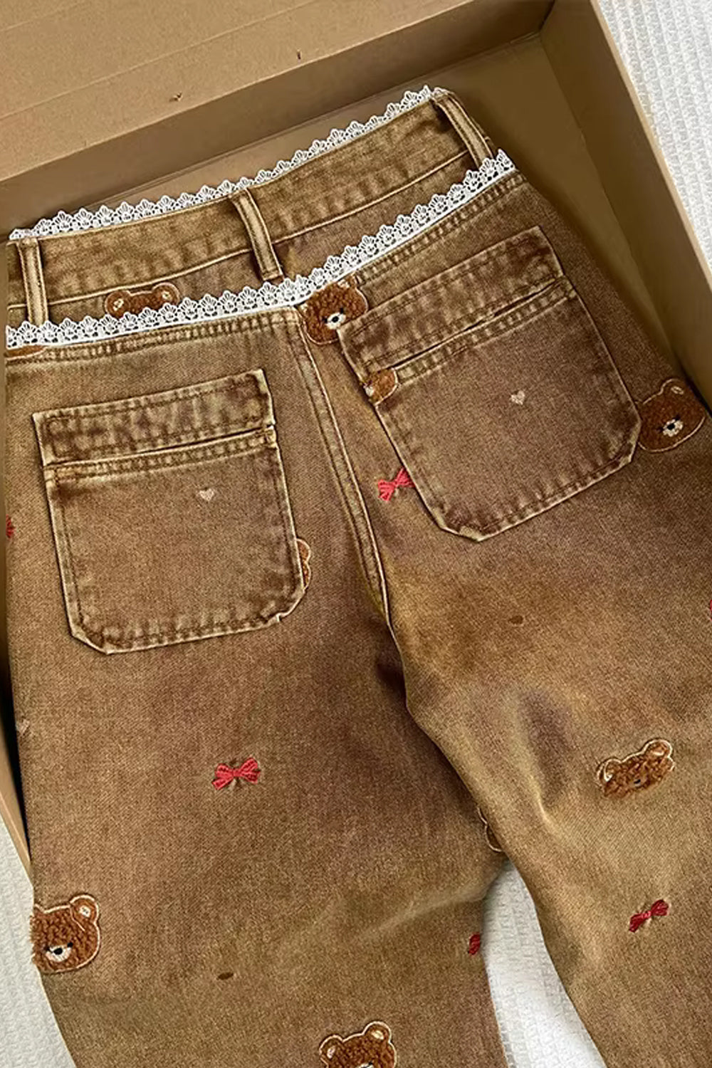 High Waist Bear Embroidered Brown Jeans Pants