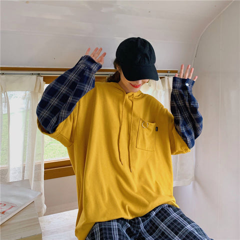 Long Sleeve Fake Two Piece Hooded Sleeve Plaid