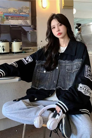 Long Sleeve Denim Patchwork Embroidered Baseball Jacket