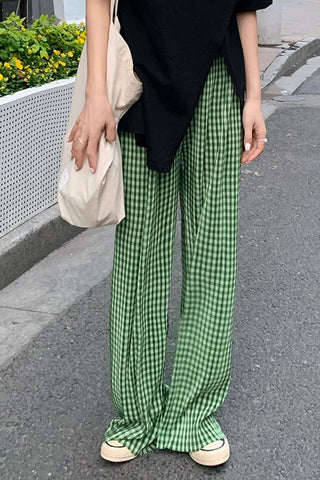 High Waist Green Plaid Loose Pants
