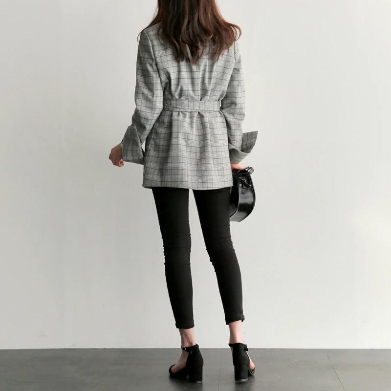 Grey Plaid Bow Sashes Split Blazer Coat