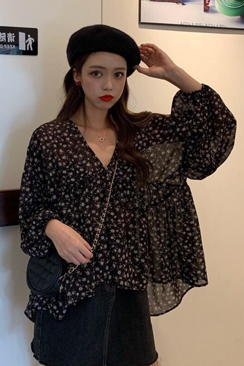 Long Sleeve V-Neck Elegant Flowers Blouse Shirt