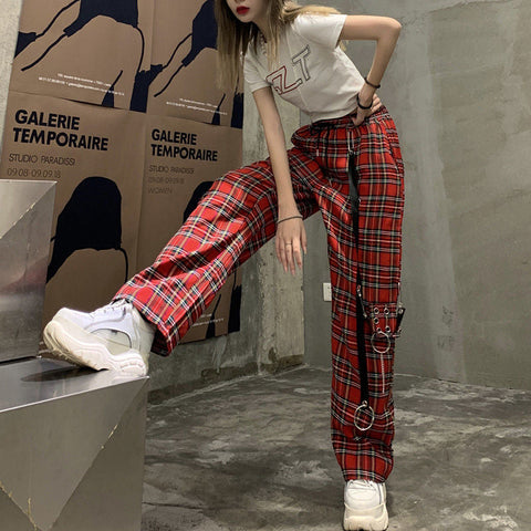 High Waist Red Plaid Hip Hop Loose Pants