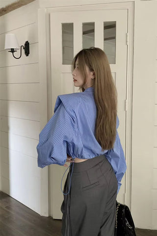 Long Sleeve Retro Blue Striped Sexy Cropped Blouse Shirt