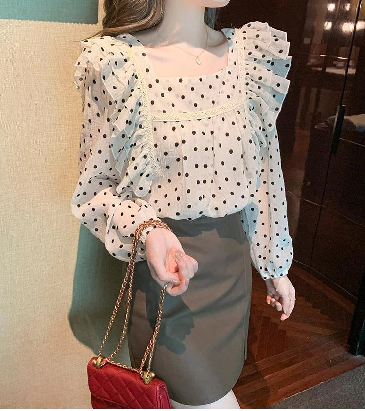Polka Dot Square Collar Ruffle Blouse Shirts