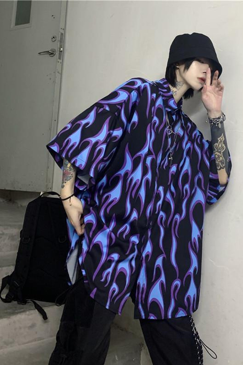 Loose Blue Flame Hip Hop Shirt