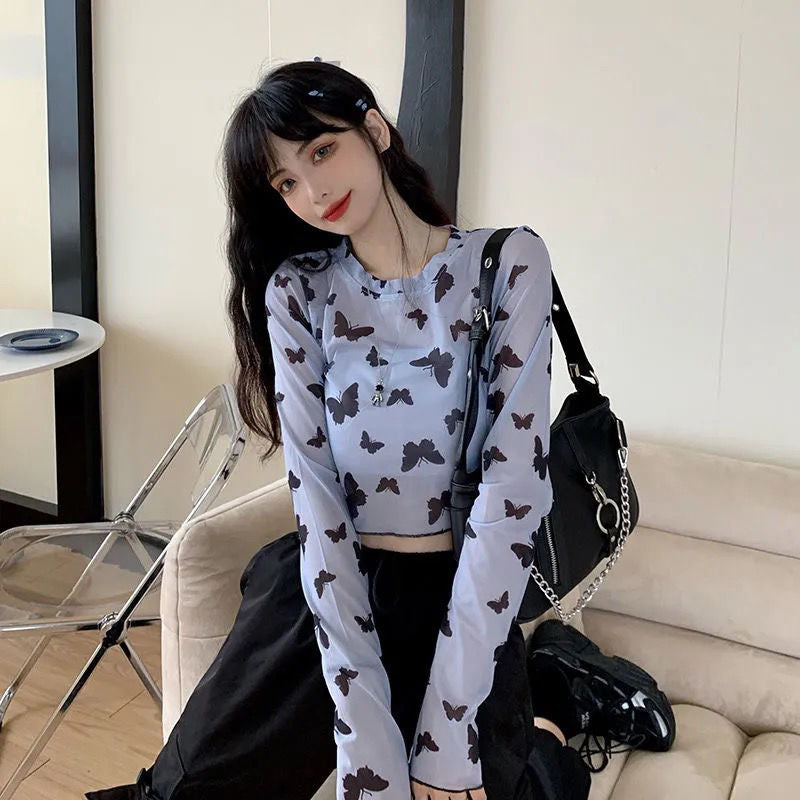Long Sleeve Butterfly Transparent Mesh Cropped Shirt