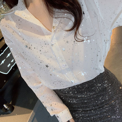 Langärmliges Chiffon-Bluse-Shirt mit Sternenmuster 