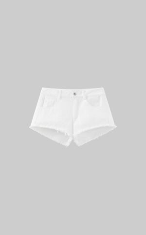 Raw Hem Denim Shorts with Low Rise Cut and Back Flap Pockets