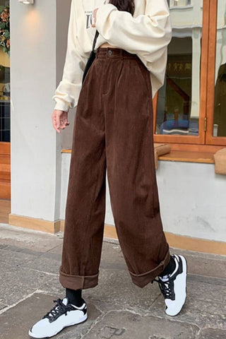 High Waist Casual Pockets Long Corduroy Pants