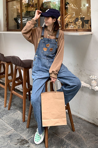 Bear Cartoon Embroidery Retro Denim Jumpsuits