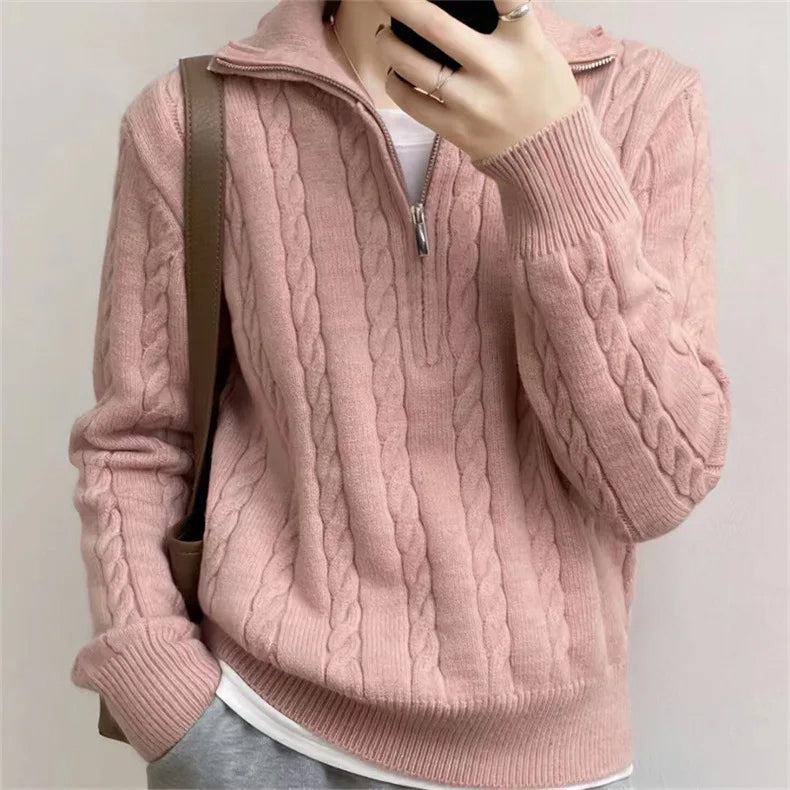 Long Sleeve High Collar Zipper Neck Knitted Sweater