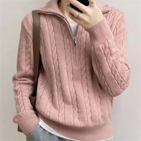 Long Sleeve High Collar Zipper Neck Knitted Sweater