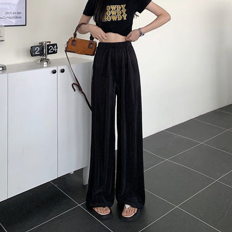 Solid Elastic Waist Pleated Loose Pants