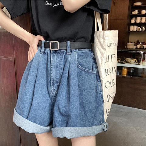 High Waist Rolled Denim Shorts Jeans