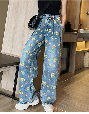 Sun Flower Full Printed Wide Leg Denim Jeans