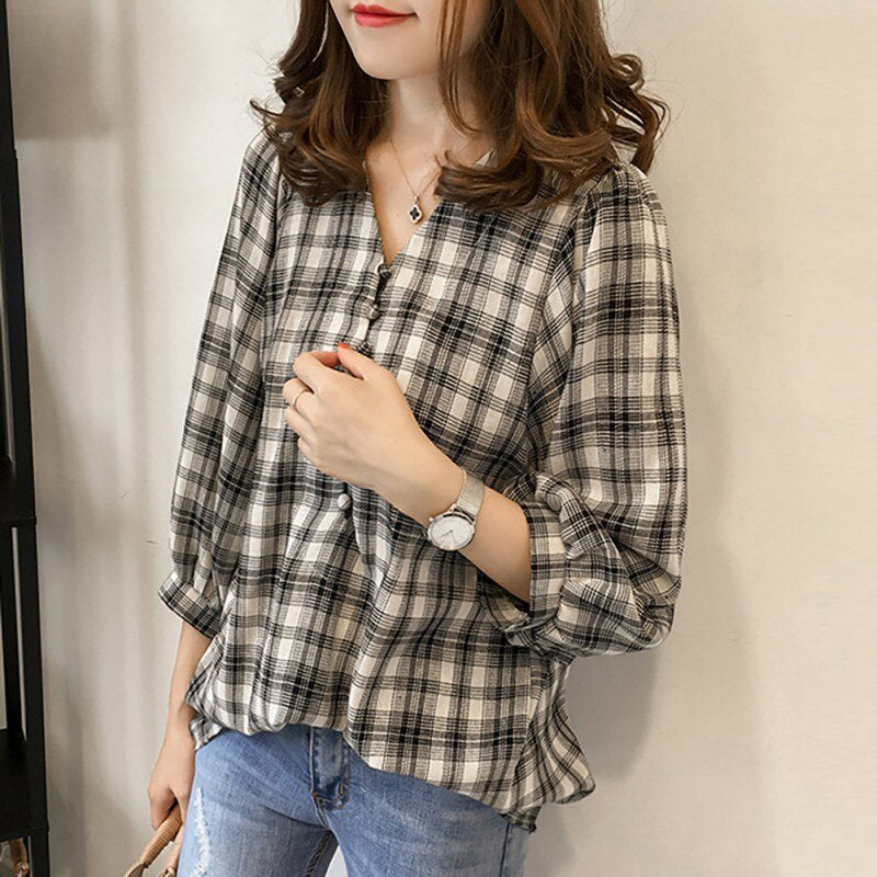 Three Quarter Sleeve Plaid Blouse Shirt