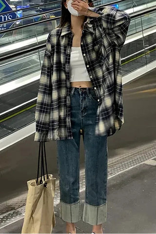 Camisa blusa holgada de cuadros de gran tamaño 