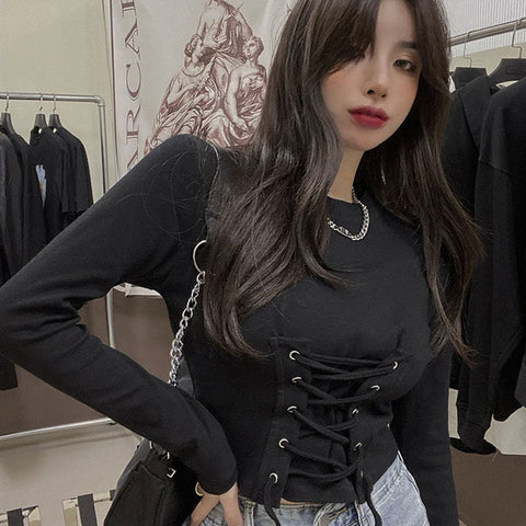 Camisas sexis de manga larga con cuello redondo y vendaje 