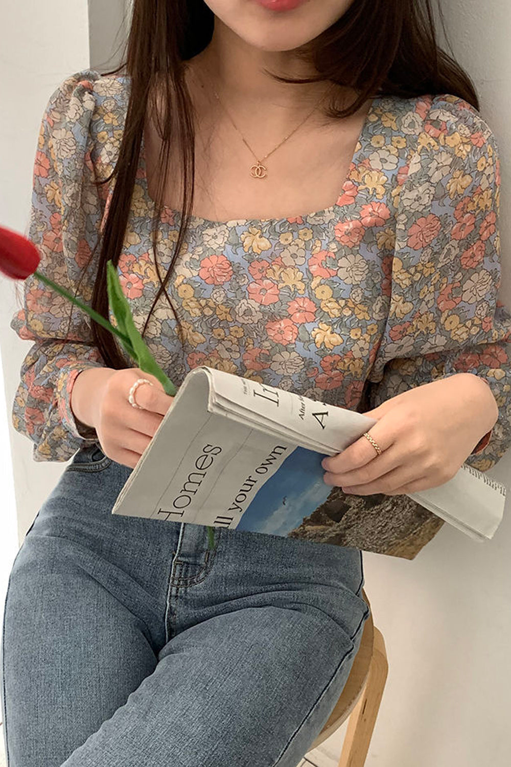 Long Sleeve Square Collar Floral Blouse Shirt