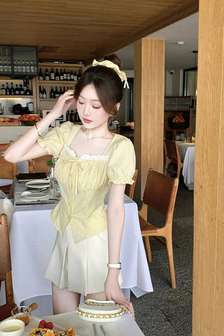 Vintage Square Collar Yellow Striped Blouse Shirts