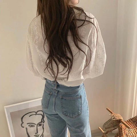 Long Sleeve Lace Embroidered Cotton Linen Shirt