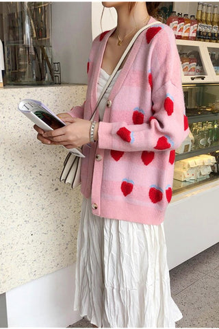 Strawberry Pattern V-Neck Knitted Cardigan Sweater