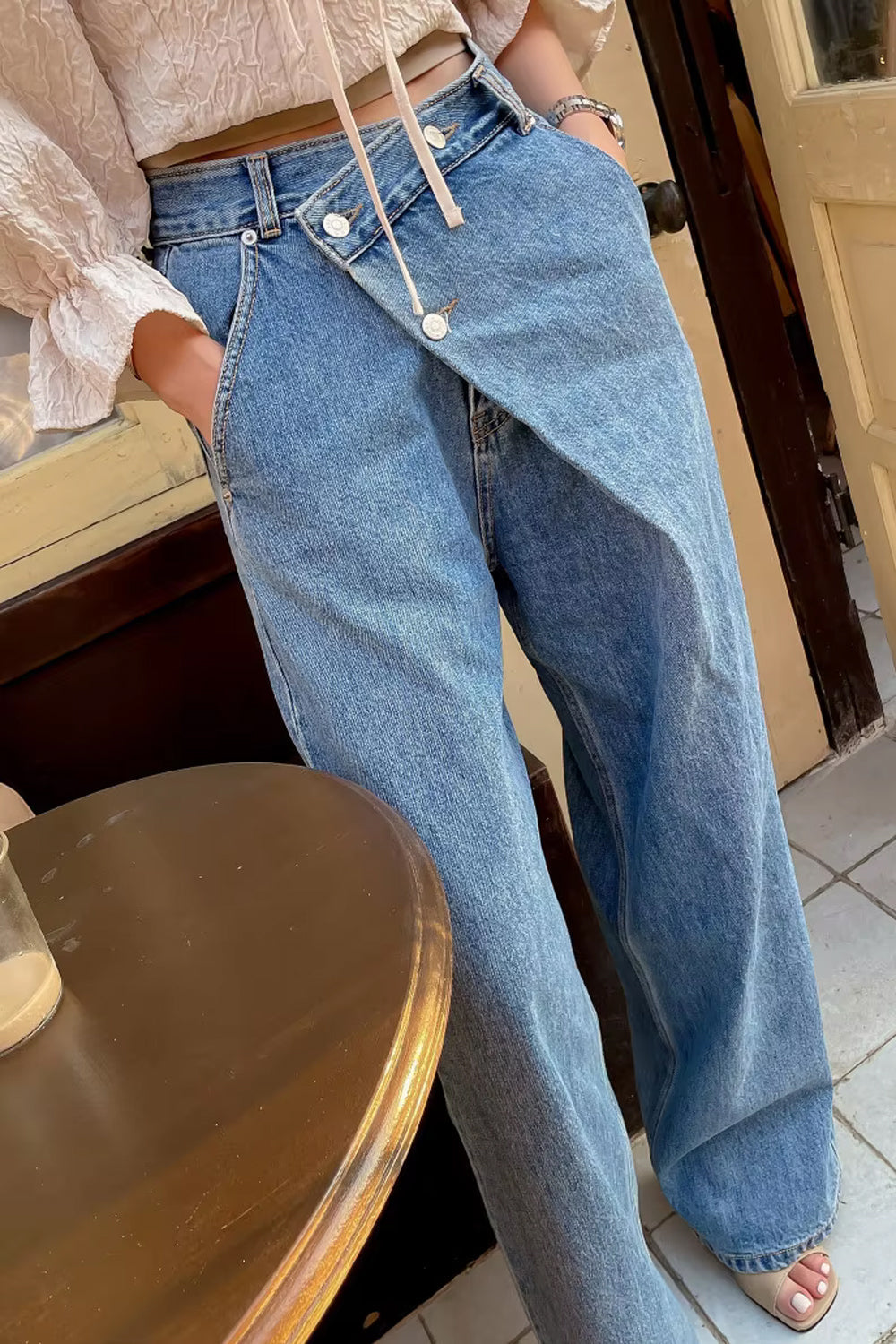 High Waist Irregular Button Jeans Pants