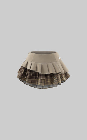 Layered Pleated Mini Skirt with Plaid Contrast Panels