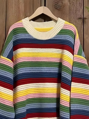Long Sleeve Rainbow Striped Knitted Tassel Sweater