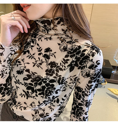 Camisa de manga larga transparente de malla con estampado floral y cuello alto 