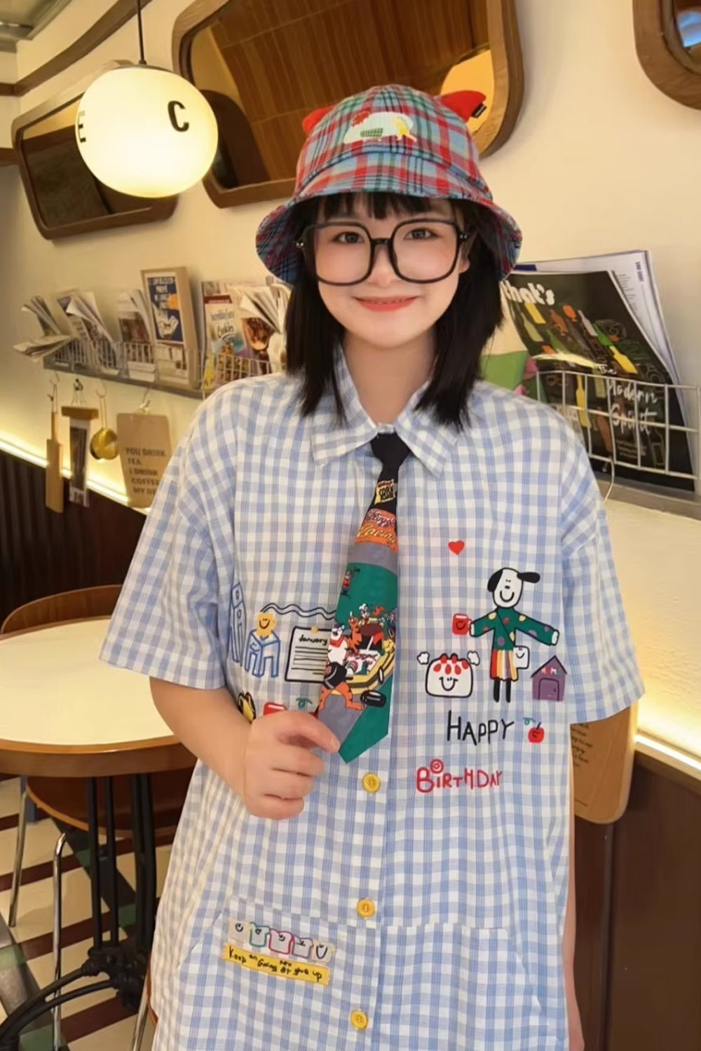 Short Sleeve Cute Pattern Plaid Blouse Shirt